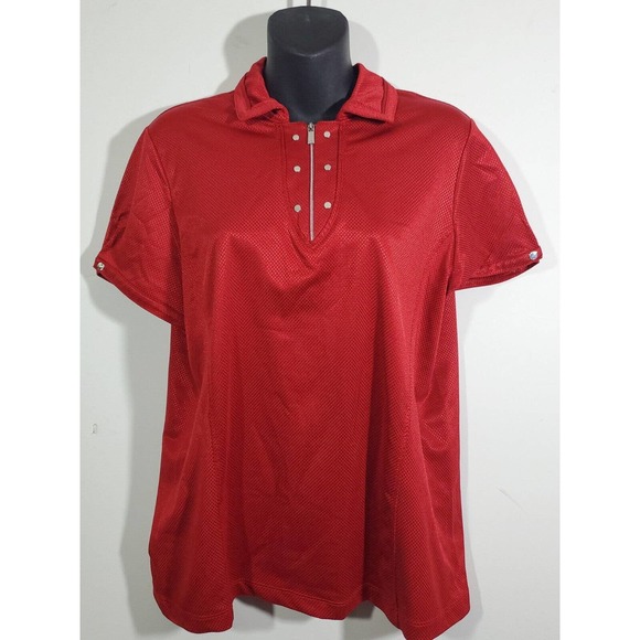 Tail Tops - Tail Women's Short Sleeve Golf Polo Shirt Size L Red Zip Polyester Silver Studs
